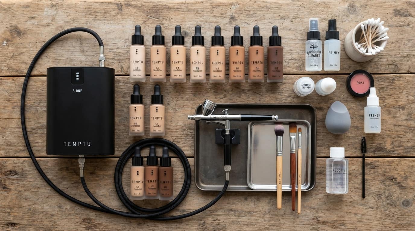 The studio airbrush compressor, foundation shades and tools laid out at a station.