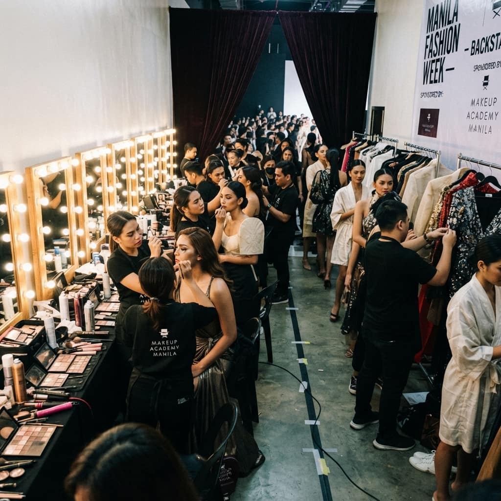 Makeup Academy Manila artists working a full vanity line backstage at Manila Fashion Week while a show audience sits beyond the curtain.