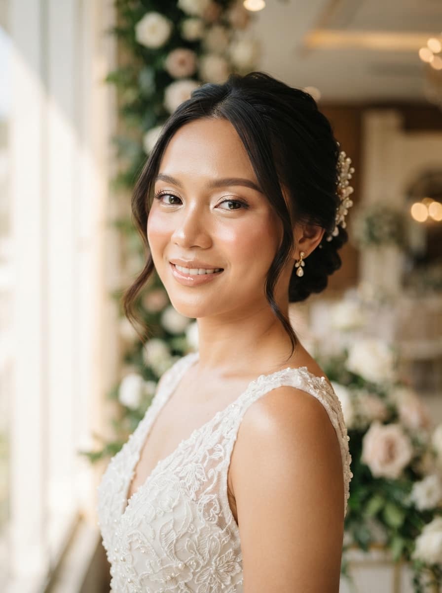 A bride in a lace gown with her bridal makeup and hair finished, at a venue with flower walls behind her.