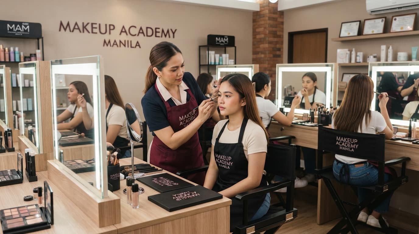 An instructor demonstrating application on a student at a studio vanity