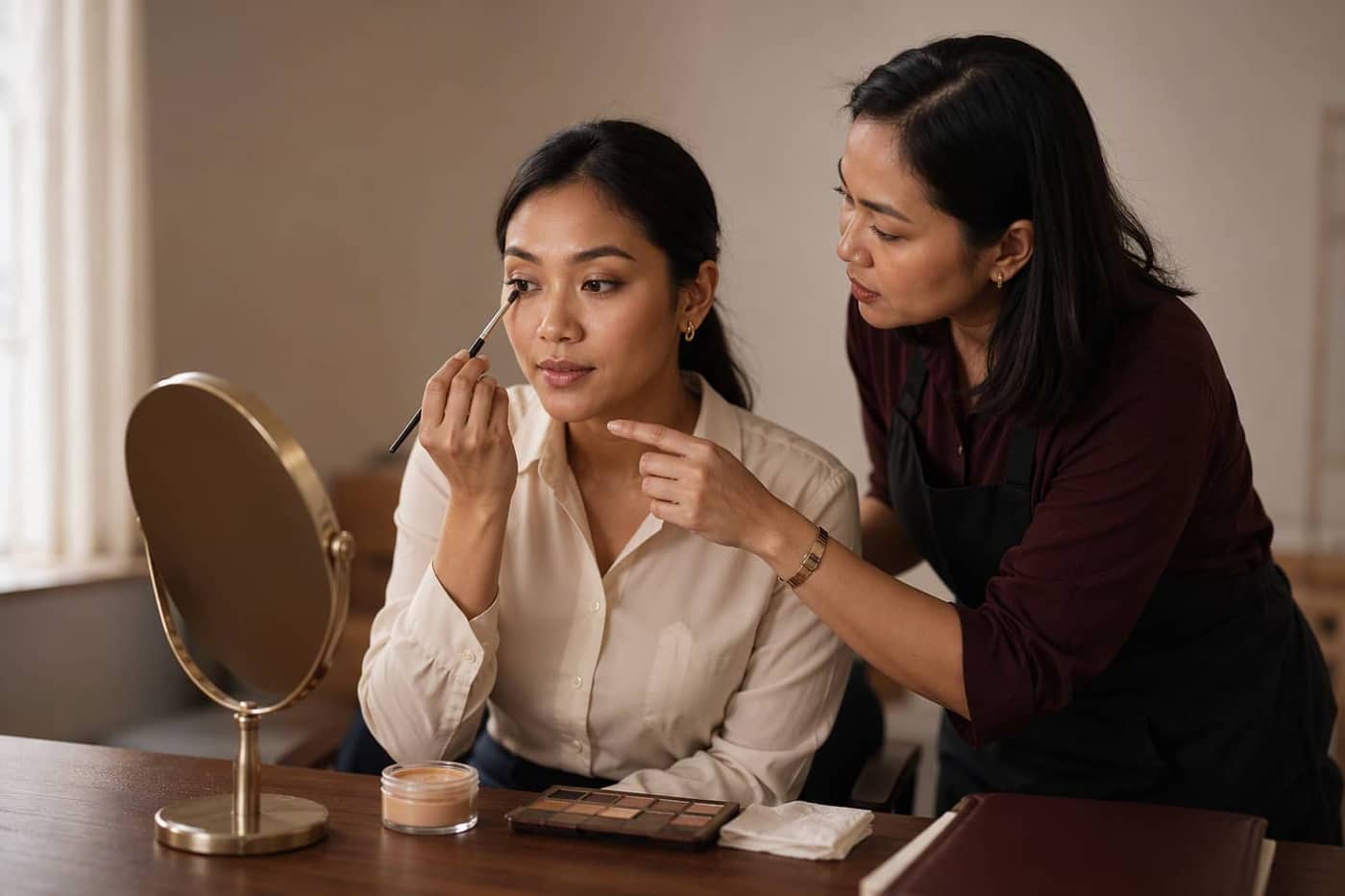 A professional applying corporate makeup at a vanity while an instructor guides her