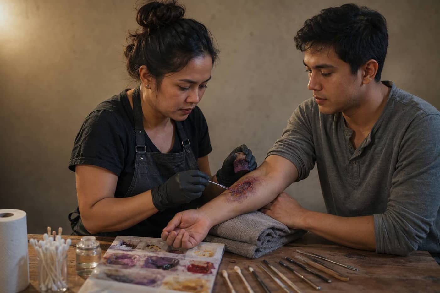 Artist staging a bruise effect on a model forearm with pigment and a stipple sponge